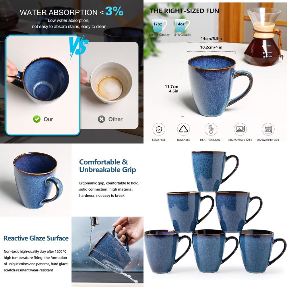 Coffee Tea Latte - Set of 6 Large Blue Ceramic