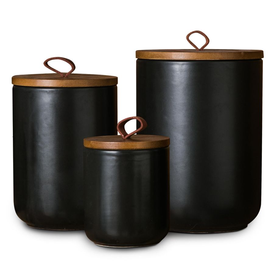 Coffee Tea Set - Black Ceramic Canister Set with Wooden