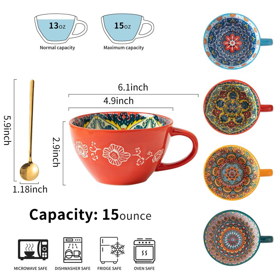 Boho Coffee Mug Set of 4 with  - огляд і ціна Coffee Tea Latte