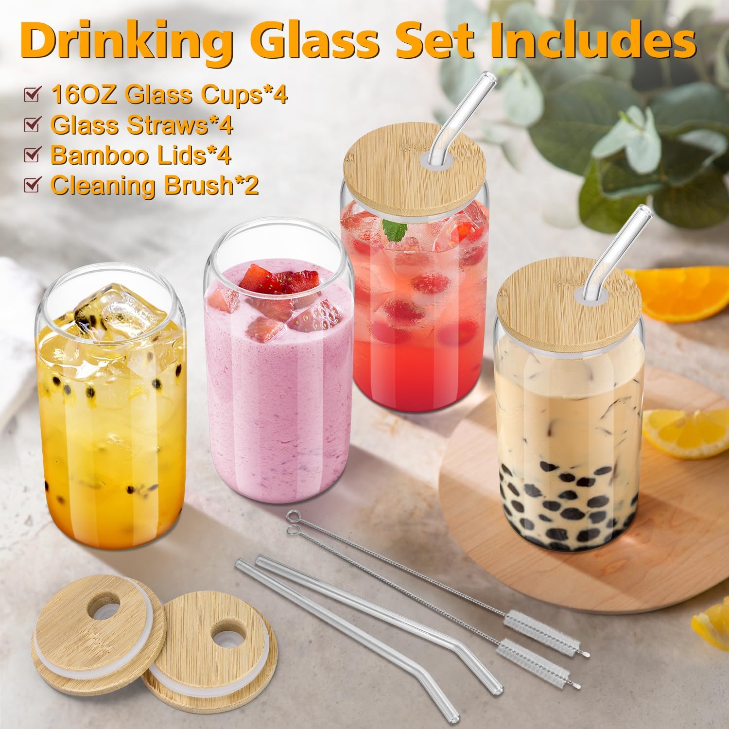 16oz Glass Cups with Bamboo Li - огляд і ціна Coffee Tea Set